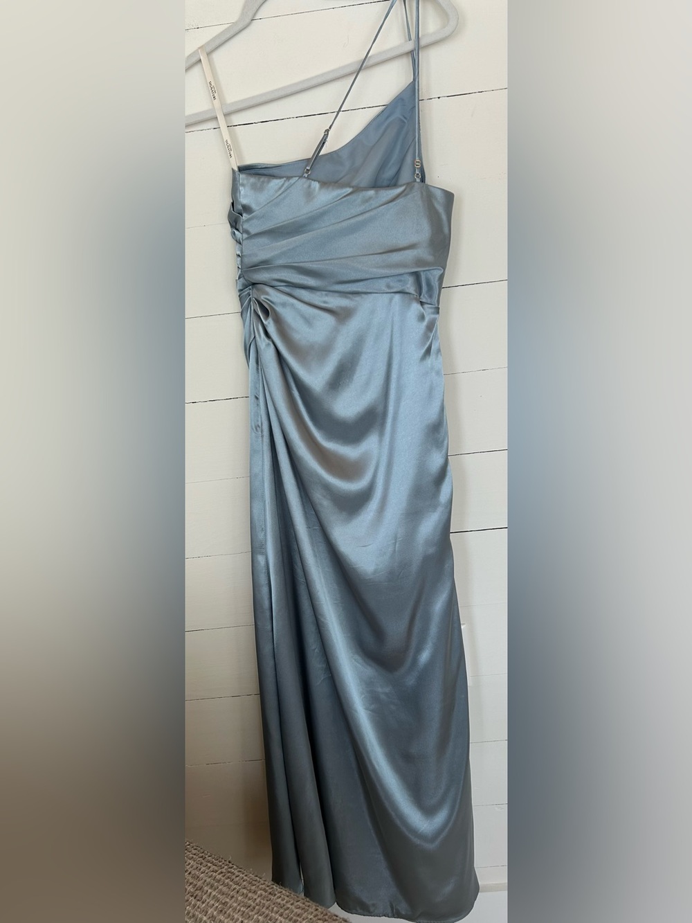 Galina Signature One-Shoulder Satin Gown in Steel Blue Size 2 - Picture 4 of 5